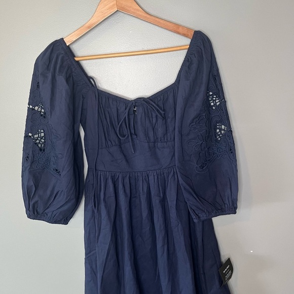 NWT Lulus Sunny Enchantment Navy Embroidered Balloon Sleeve Midi Dress - Picture 6 of 14